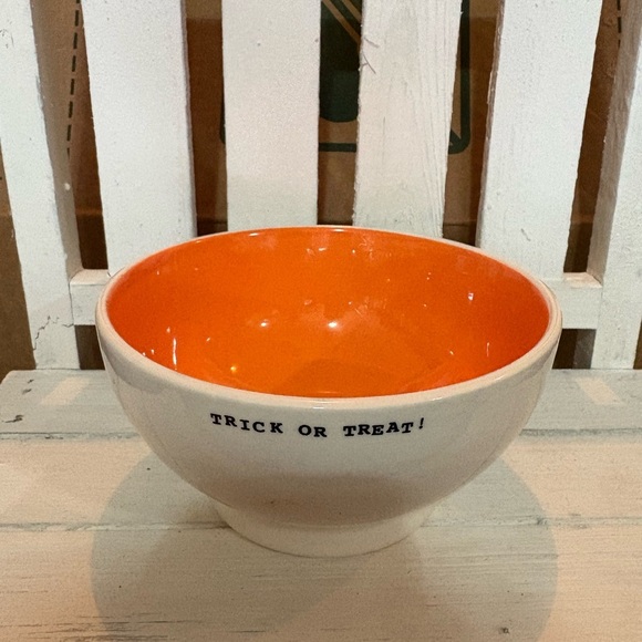 Rae Dunn Orange and White Cereal Bowl with Dancing Skeleton Design - Picture 2 of 3